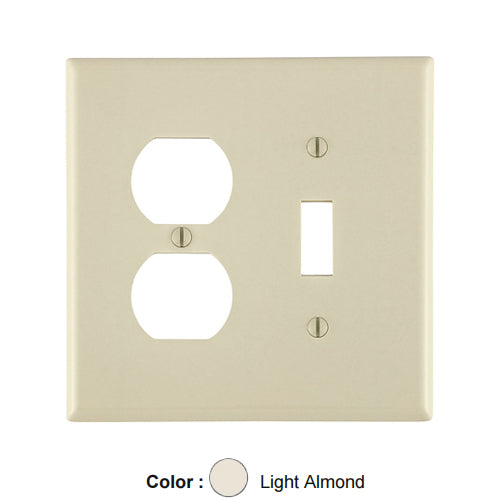 Leviton 80505-T, 2-Gang 1-Toggle and 1-Duplex Combination Wallplate, Midway Size, Thermoset, Device Mount, Light Almond, 2 Packs