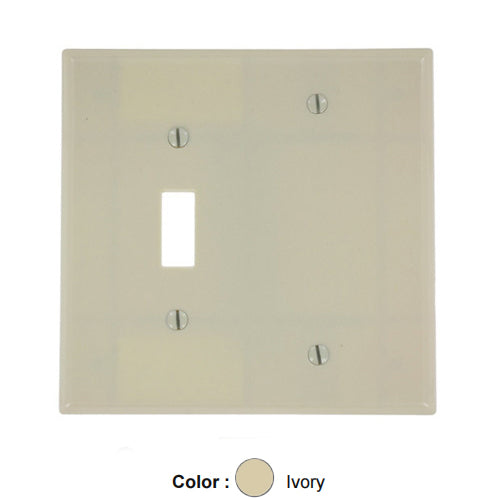 Leviton 80506-I, 2-Gang 1-Toggle 1-Blank Device Combination Wallplate, Midway Size, Thermoset, Box Mount, Ivory