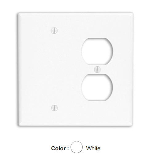 Leviton 80508-W, 2-Gang 1-Duplex and 1-Blank Device Combination Wallplate, Midway Size, Thermoset, Box Mount, White