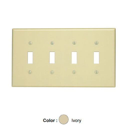 Leviton 80512-I, 4-Gang Toggle Device Switch Wallplate, Midway Size, Thermoset, Device Mount, Ivory