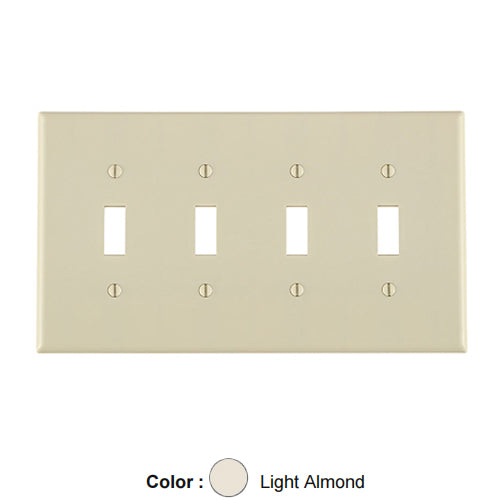 Leviton 80512-T, 4-Gang Toggle Device Switch Wallplate, Midway Size, Thermoset, Device Mount, Light Almond
