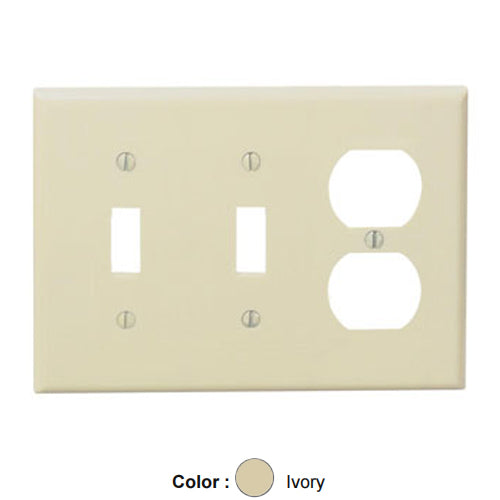 Leviton 80521-I, 3-Gang 2-Toggle and 1-Duplex Device Combination Wallplate, Midway Size, Thermoset, Device Mount, Ivory