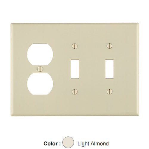 Leviton 80521-T, 3-Gang 2-Toggle and 1-Duplex Device Combination Wallplate, Midway Size, Thermoset, Device Mount, Light Almond