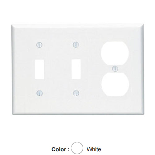 Leviton 80521-W, 3-Gang 2-Toggle and 1-Duplex Device Combination Wallplate, Midway Size, Thermoset, Device Mount, White