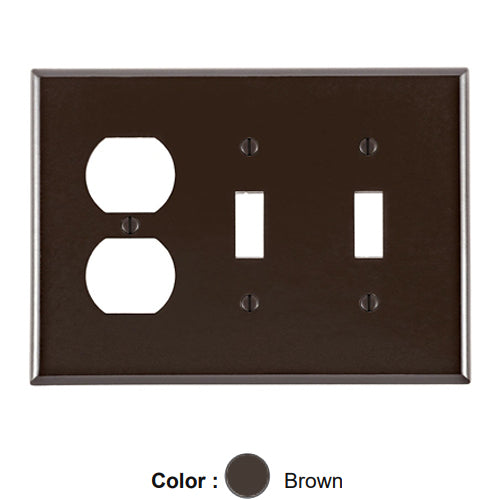 Leviton 80521, 3-Gang 2-Toggle and 1-Duplex Device Combination Wallplate, Midway Size, Thermoset, Device Mount, Brown