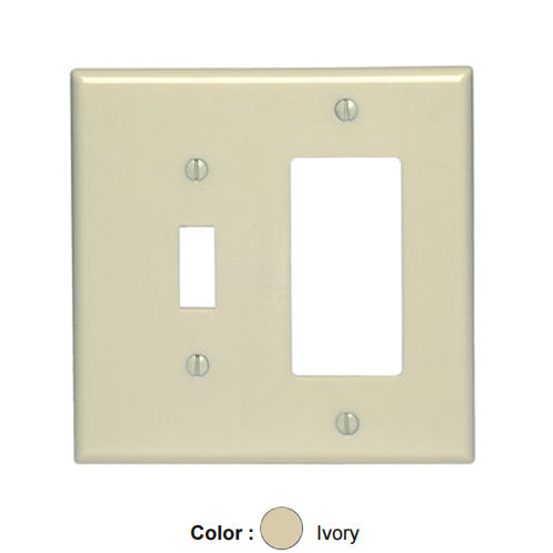 Leviton 80605-I, 2-Gang 1-Toggle and 1-Decora/GFCI Device Combination Wallplate, Midway Size, Thermoset, Device Mount, Ivory