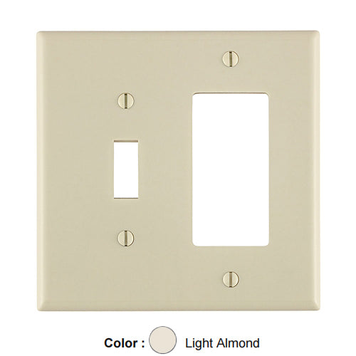 Leviton 80605-T, 2-Gang 1-Toggle and 1-Decora/GFCI Device Combination Wallplate, Midway Size, Thermoset, Device Mount, Light Almond