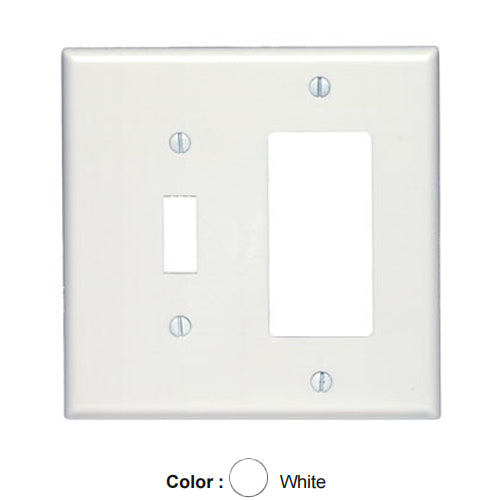 Leviton 80605-W, 2-Gang 1-Toggle and 1-Decora/GFCI Device Combination Wallplate, Midway Size, Thermoset, Device Mount, White