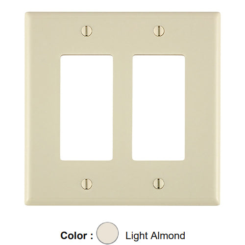 Leviton 80609-T, 2-Gang Decora/GFCI Device Decora Wallplate, Midway Size, Thermoset, Device Mount, Light Almond