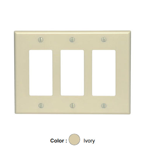 Leviton 80611-I, 3-Gang Decora/GFCI Device Decora Wallplate, Midway Size, Thermoset, Device Mount, Ivory