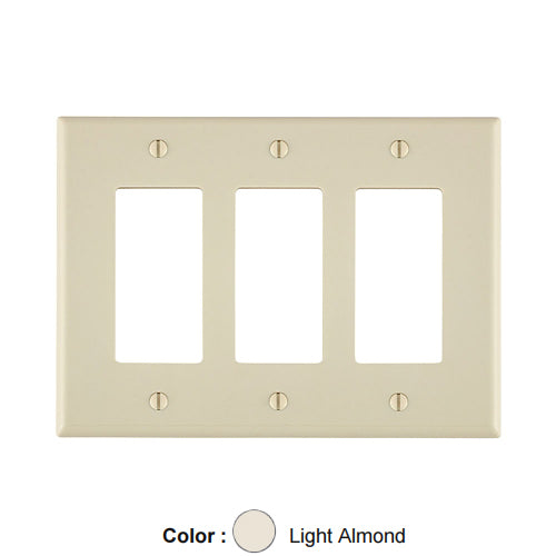 Leviton 80611-T, 3-Gang Decora/GFCI Device Decora Wallplate, Midway Size, Thermoset, Device Mount, Light Almond