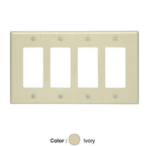 Leviton 80412-NI, 4-Gang Decora/GFCI Device Decora Wallplate, Standard Size, Thermoplastic Nylon, Device Mount, Ivory, 2 Packs