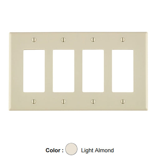 Leviton PJ264-T, 4-Gang Decora/GFCI Device Decora Wallplate, Midway Size, Thermoplastic Nylon, Device Mount, Light Almond, 2 Packs