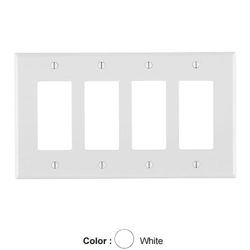 Leviton PJ264-W, 4-Gang Decora/GFCI Device Decora Wallplate, Midway Size, Thermoplastic Nylon, Device Mount, White, 2 Packs