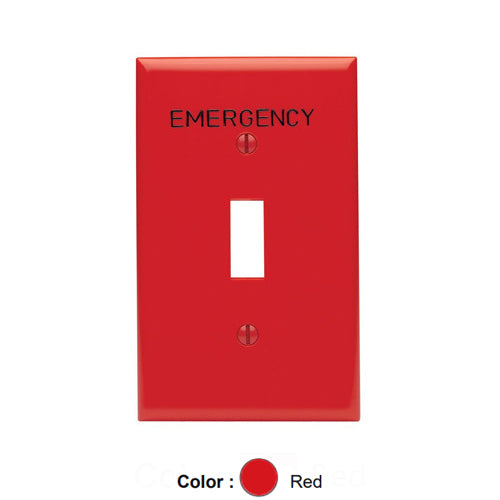 Leviton 80701-RE, 1-Gang Toggle Device Switch Wallplate, Standard Size, Thermoplastic Nylon, Hot Stamped Emergency, Black Lettering Size 3/16-Inch, Red