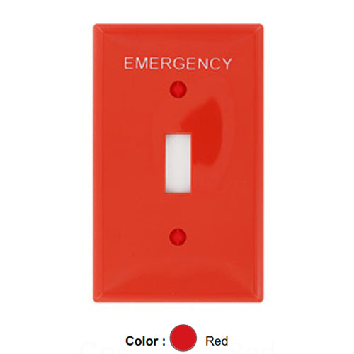 Leviton 80701-REW, 1-Gang Toggle Device Switch Wallplate, Standard Size, Thermoplastic Nylon, Hot Stamped Emergency, White Lettering Size 3/16-Inch, Red