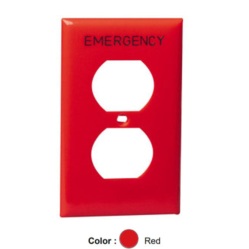 Leviton 80703-RE, 1-Gang Duplex Device Receptacle Wallplate, Standard Size, Thermoplastic Nylon, Device Mount, Hot Stamped Emergency, Black Lettering Size 3/16-Inch, Red