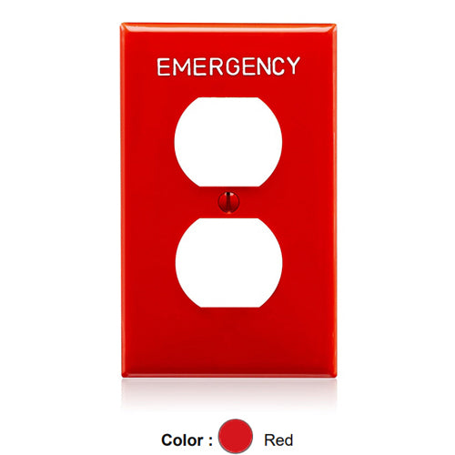 Leviton 80703-REW, 1-Gang Duplex Device Receptacle Wallplate, Standard Size, Thermoplastic Nylon, Device Mount, Hot Stamped Emergency, White Lettering Size 3/16-Inch, Red