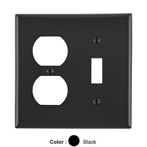 Leviton 80705-E, 2-Gang 1-Toggle and 1-Duplex Device Combination Wallplate, Standard Size, Thermoplastic Nylon, Device Mount, Black, 2 Packs