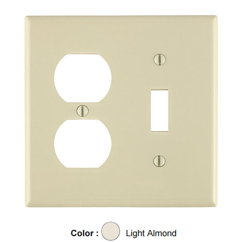 Leviton 80705-T, 2-Gang 1-Toggle and 1-Duplex Device Combination Wallplate, Standard Size, Thermoplastic Nylon, Device Mount, Light Almond, 2 Packs