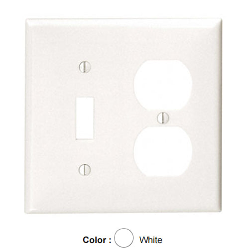 Leviton 80705-W, 2-Gang 1-Toggle and 1-Duplex Device Combination Wallplate, Standard Size, Thermoplastic Nylon, Device Mount, White, 2 Packs