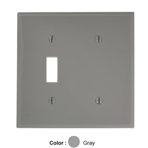 Leviton 80706-GY, 2-Gang 1-Toggle 1-Blank Device Combination Wallplate, Standard Size, Thermoplastic Nylon, Box Mount, Gray