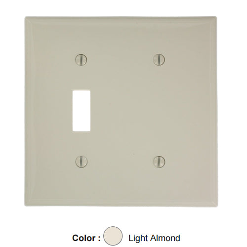 Leviton 80706-T, 2-Gang 1-Toggle 1-Blank Device Combination Wallplate, Standard Size, Thermoplastic Nylon, Box Mount, Light Almond