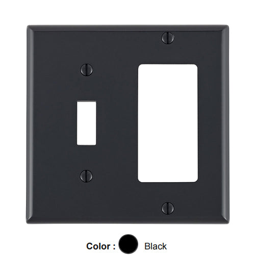 Leviton 80707-E, 2-Gang 1-Toggle and 1-Decora/GFCI Device Combination Wallplate, Standard Size, Thermoplastic Nylon, Device Mount, Black