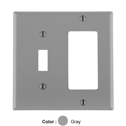 Leviton 80707-GY, 2-Gang 1-Toggle and 1-Decora/GFCI Device Combination Wallplate, Standard Size, Thermoplastic Nylon, Device Mount, Gray