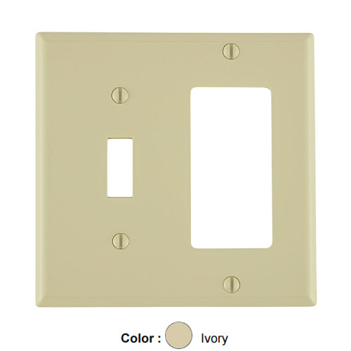 Leviton 80707-I, 2-Gang 1-Toggle and 1-Decora/GFCI Device Combination Wallplate, Standard Size, Thermoplastic Nylon, Device Mount, Ivory