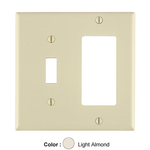 Leviton 80707-T, 2-Gang 1-Toggle and 1-Decora/GFCI Device Combination Wallplate, Standard Size, Thermoplastic Nylon, Device Mount, Light Almond