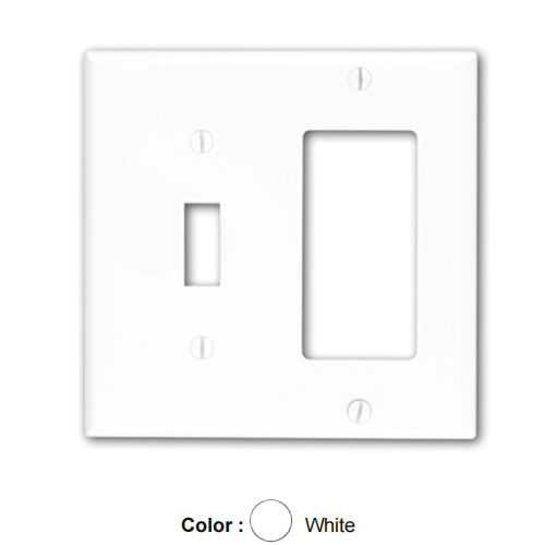 Leviton 80707-W, 2-Gang 1-Toggle and 1-Decora/GFCI Device Combination Wallplate, Standard Size, Thermoplastic Nylon, Device Mount, White