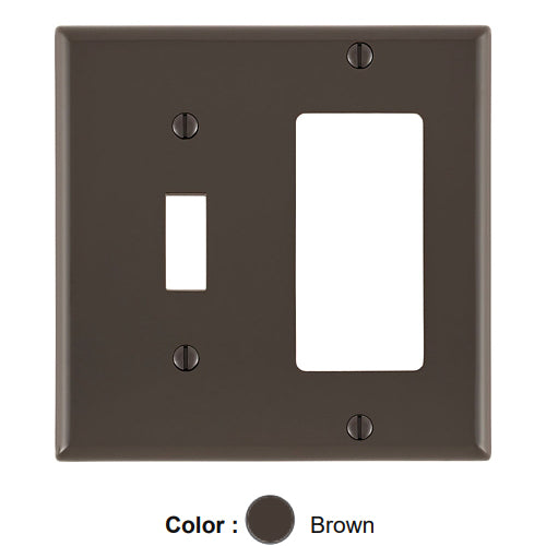 Leviton 80707, 2-Gang 1-Toggle and 1-Decora/GFCI Device Combination Wallplate, Standard Size, Thermoplastic Nylon, Device Mount, Brown