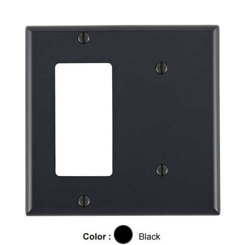 Leviton 80708-E, 2-Gang 1-Blank and 1-Decora/GFCI Device Combination Wallplate, Standard Size, Thermoplastic Nylon, Strap Mount, Black