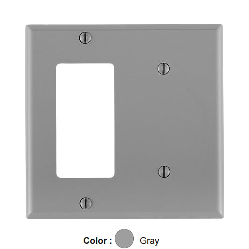Leviton 80708-GY, 2-Gang 1-Blank and 1-Decora/GFCI Device Combination Wallplate, Standard Size, Thermoplastic Nylon, Strap Mount, Gray