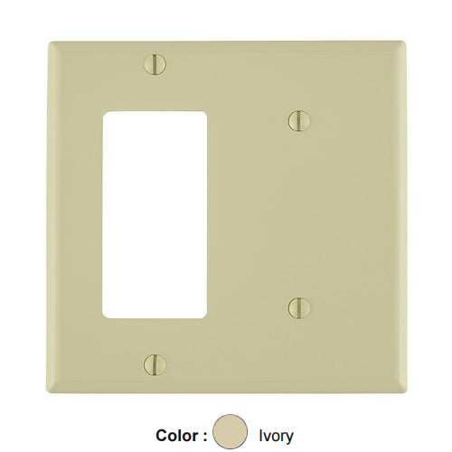Leviton 80708-I, 2-Gang 1-Blank and 1-Decora/GFCI Device Combination Wallplate, Standard Size, Thermoplastic Nylon, Strap Mount, Ivory