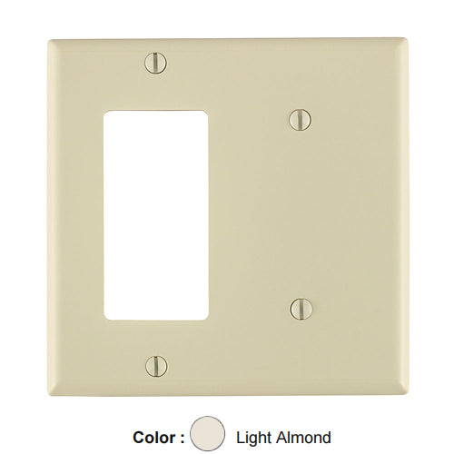 Leviton 80708-T, 2-Gang 1-Blank and 1-Decora/GFCI Device Combination Wallplate, Standard Size, Thermoplastic Nylon, Strap Mount, Light Almond