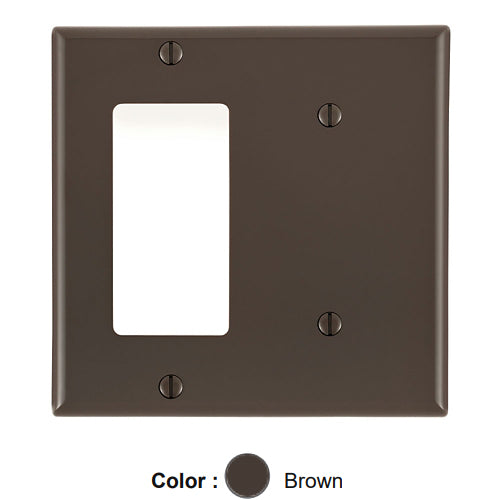 Leviton 80708, 2-Gang 1-Blank and 1-Decora/GFCI Device Combination Wallplate, Standard Size, Thermoplastic Nylon, Strap Mount, Brown