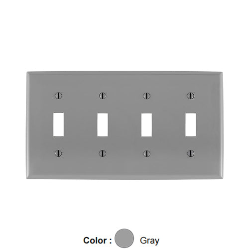 Leviton 80712-GY, 4-Gang Toggle Device Switch Wallplate, Standard Size, Thermoplastic Nylon, Device Mount, Gray