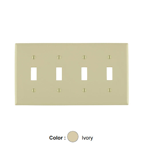 Leviton 80712-I, 4-Gang Toggle Device Switch Wallplate, Standard Size, Thermoplastic Nylon, Device Mount, Ivory