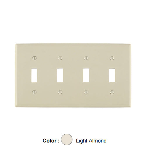 Leviton 80712-T, 4-Gang Toggle Device Switch Wallplate, Standard Size, Thermoplastic Nylon, Device Mount, Light Almond