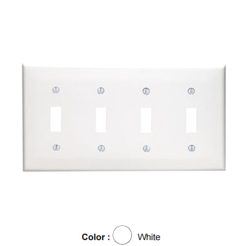 Leviton 80712-W, 4-Gang Toggle Device Switch Wallplate, Standard Size, Thermoplastic Nylon, Device Mount, White