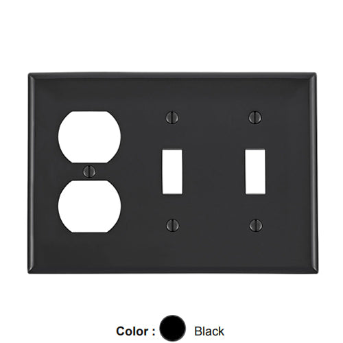 Leviton 80721-E, 3-Gang 2-Toggle 1-Duplex Device Combination Wallplate, Standard Size, Thermoplastic Nylon, Device Mount, Black