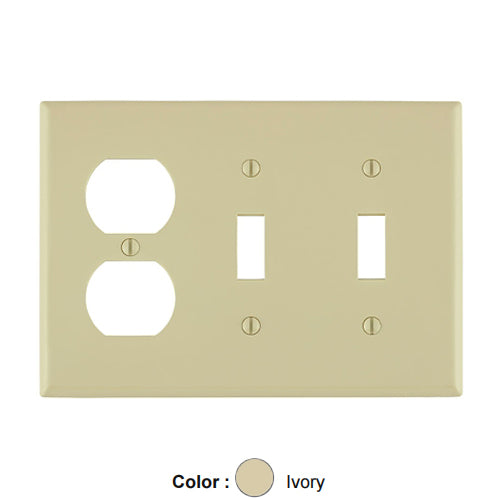 Leviton 80721-I, 3-Gang 2-Toggle 1-Duplex Device Combination Wallplate, Standard Size, Thermoplastic Nylon, Device Mount, Ivory