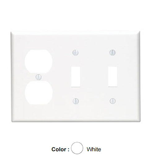 Leviton 80721-W, 3-Gang 2-Toggle 1-Duplex Device Combination Wallplate, Standard Size, Thermoplastic Nylon, Device Mount, White