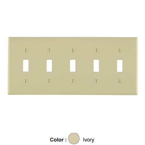 Leviton 80723-I, 5-Gang Toggle Switch Wallplate, Standard Size, Thermoplastic Nylon, Device Mount, Ivory