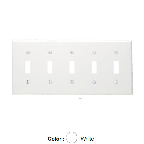 Leviton 80723-W, 5-Gang Toggle Switch Wallplate, Standard Size, Thermoplastic Nylon, Device Mount, White