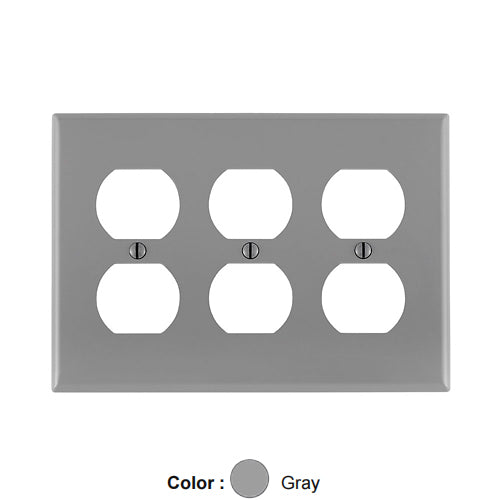 Leviton 80730-GY, 3-Gang Duplex Receptacle Wallplate, Standard Size, Thermoplastic Nylon, Device Mount, Gray