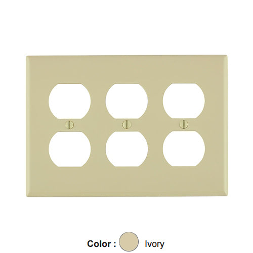 Leviton 80730-I, 3-Gang Duplex Receptacle Wallplate, Standard Size, Thermoplastic Nylon, Device Mount, Ivory