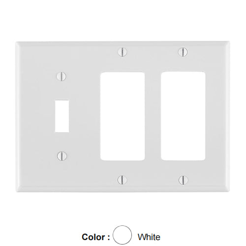 Leviton 80731-W, 3-Gang 1-Toggle 2-Decora/GFCI Device Combination Wallplate, Standard Size, Thermoplastic Nylon, Device Mount, White